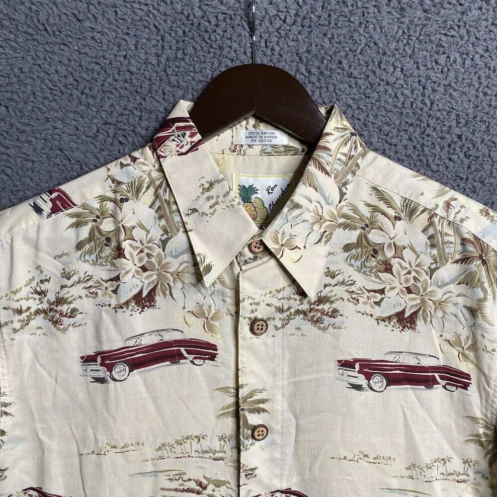 Vintage 80s Ron Chereskin Men M Hawaiian Camp Shirt Floral Pattern Classic Car